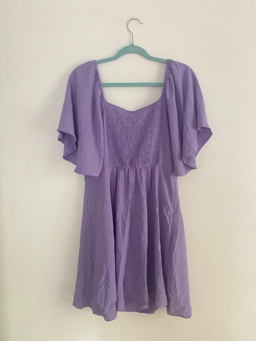 NWT Women’s Lavender Tie-Front Smocked Mini Dress With Flutter Sleeves Size L - Picture 5 of 10